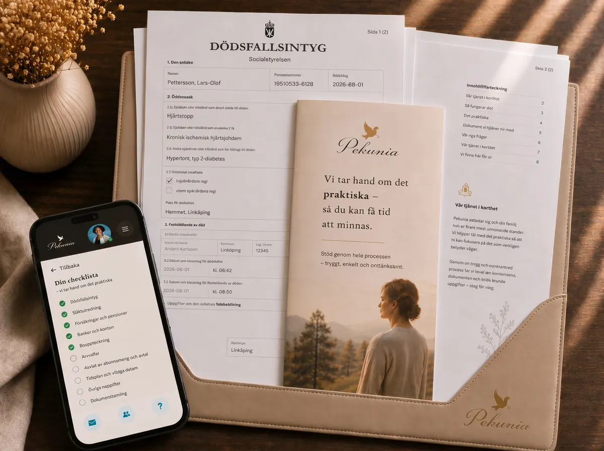 Ett dödsfallsintyg, en Pekunia-broschyr och en mobil som visar en checklista, samlade i en dokumentmapp
