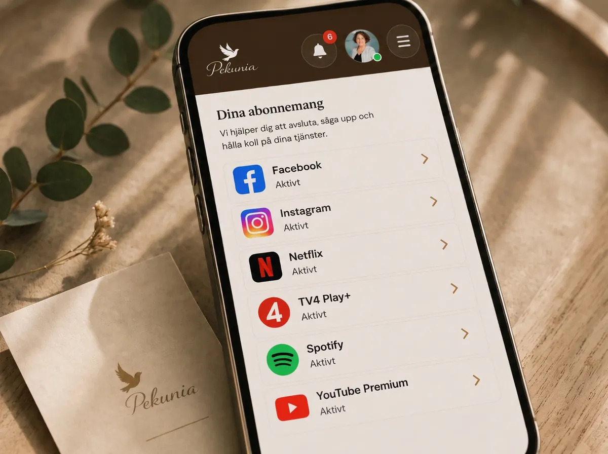 Mobil som visar Pekunia-appens lista över abonnemang, med Facebook, Netflix och Spotify markerade som aktiva